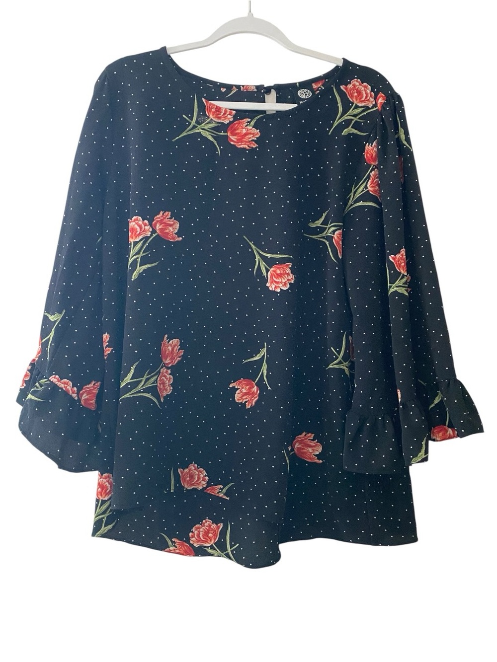 Bobeau Women's Navy Floral Polka Dot Blouse - Red Tulip Print
